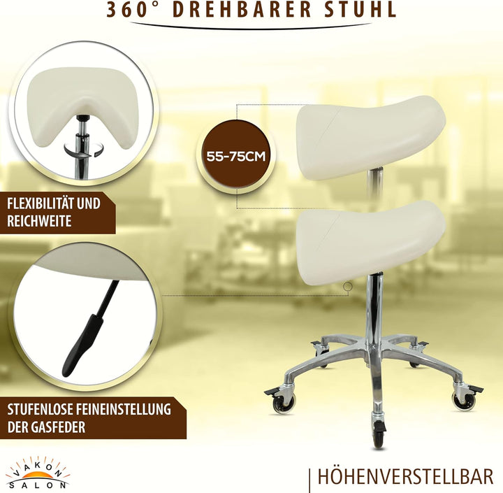 Premium Sattelhocker weiss mit Bremse, Sattelstuhl für Rückenentlastung, Rollhocker höhenverstellbar