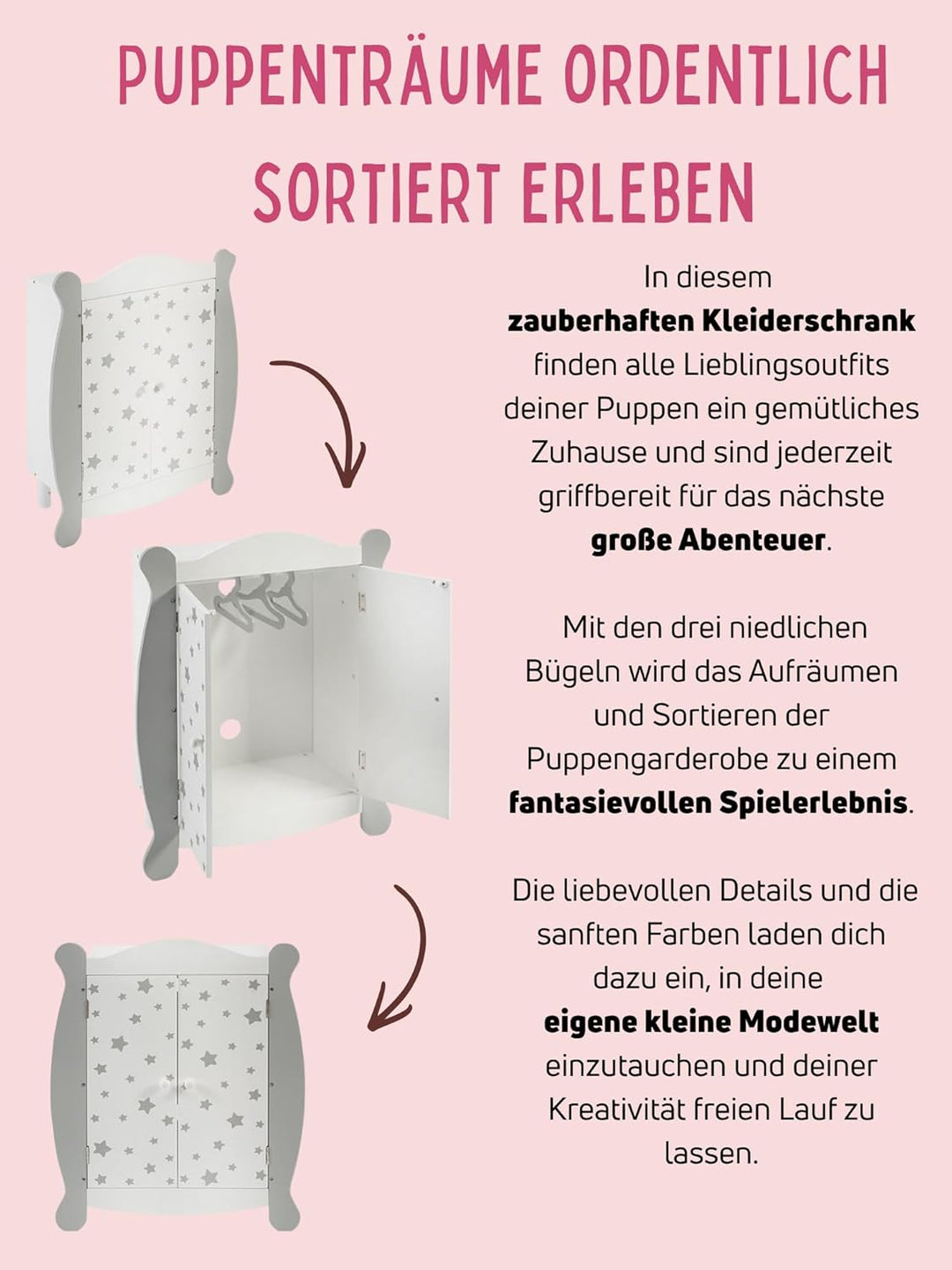 Bayer Chic 2000 - Puppenkleiderschrank mit Kleiderstange und Kleiderbügel, Puppenschrank, Puppenmöbe