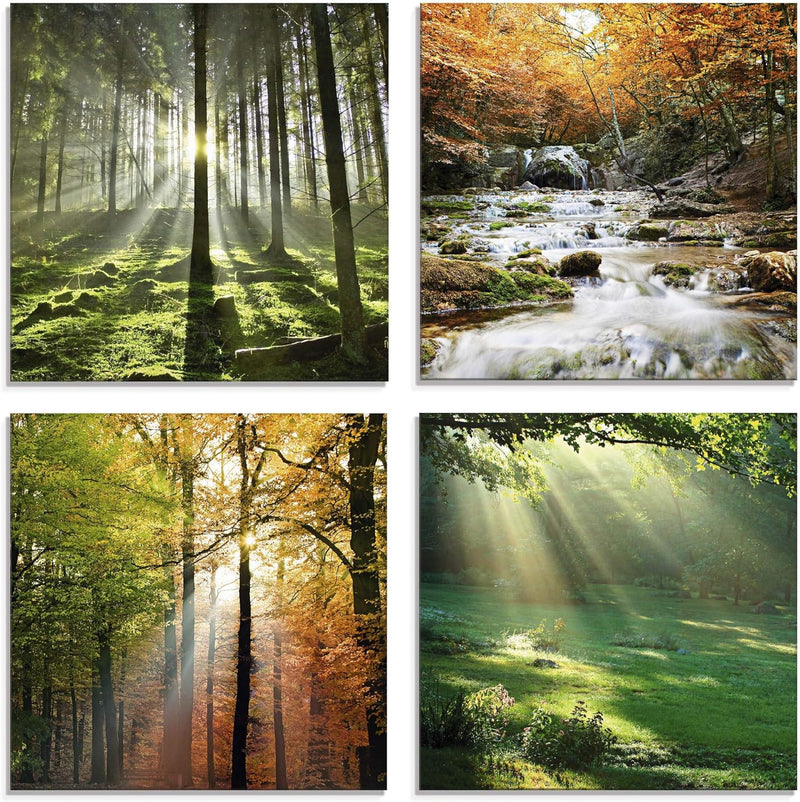 ARTland Glasbild Wandbild Glas Bild 4er Set 4 teilig je 40x40 cm Natur Landschaft Wald Baum Grün Gra