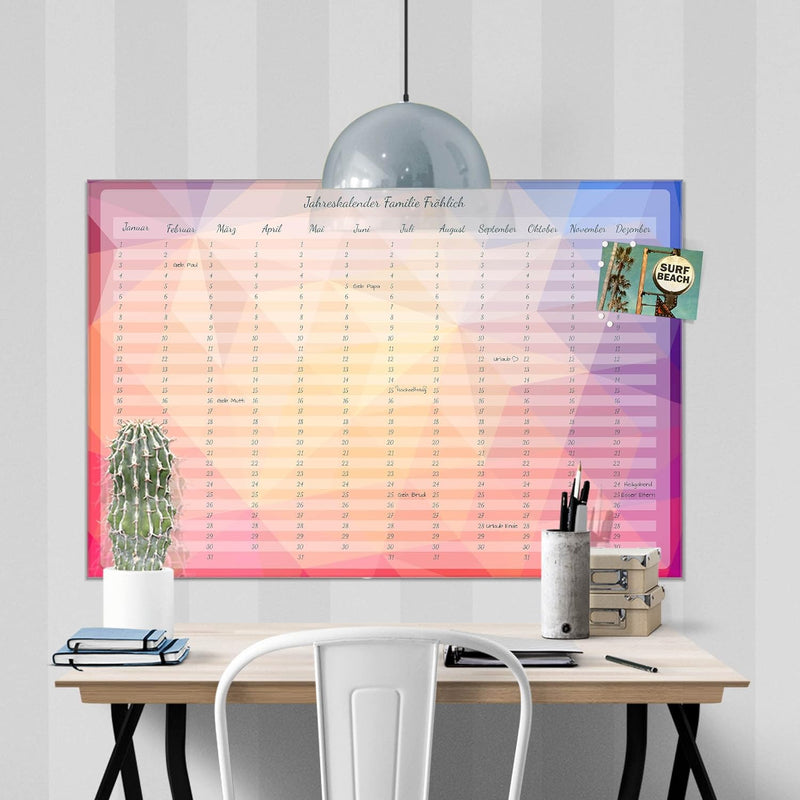 banjado® Wandkalender abwischbar aus Glas 60x40 cm/Jahresplaner abwischbar mit Motiv Pink Polygon/la