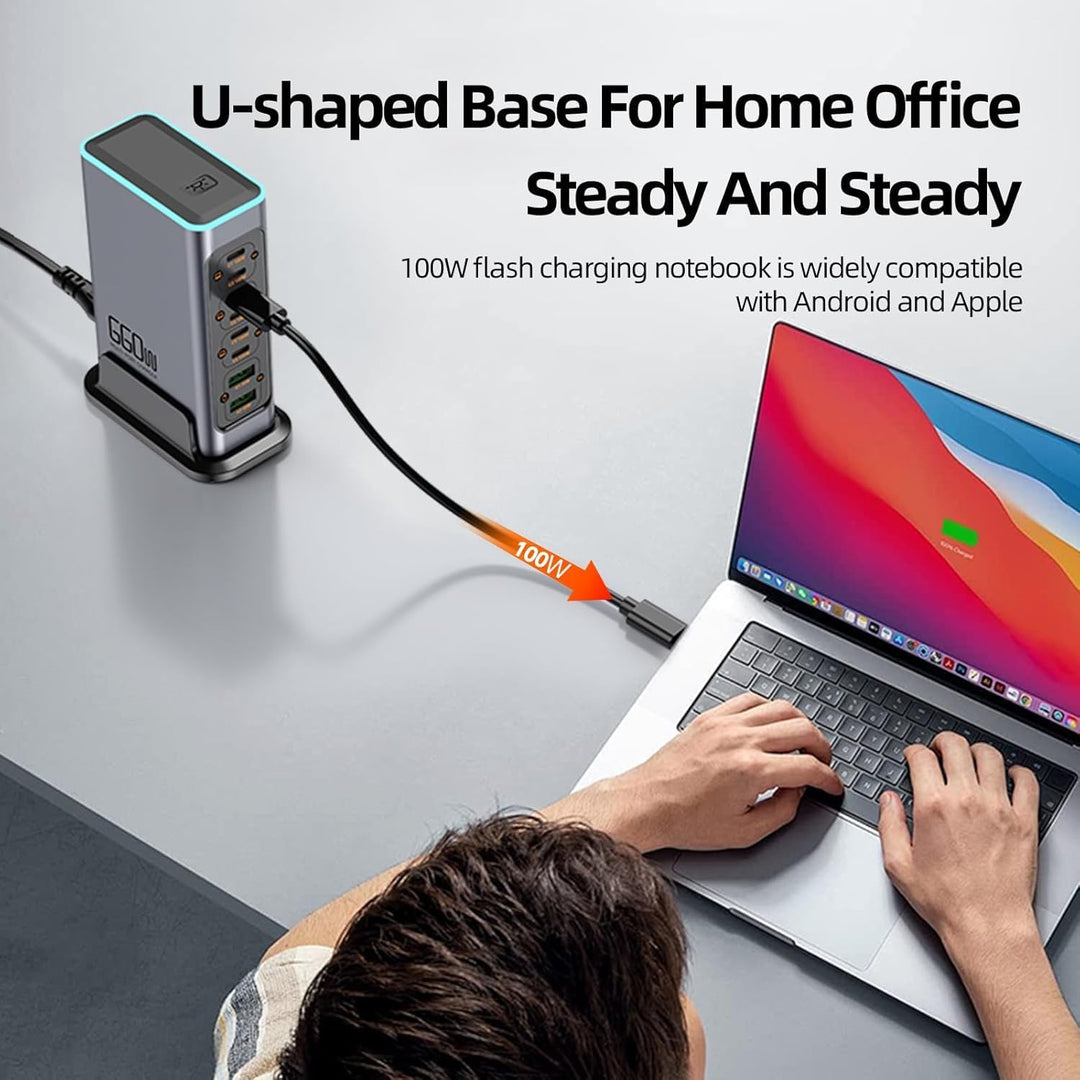 660W USB C Ladegerät 8-Port Schnelles GaN Ladegerät 100W/30W USB C Ladestation mit bunten Lichtern M