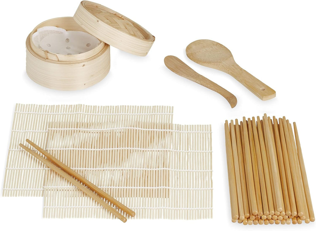 Relaxdays Sushi Set, Bambus, 2 Sushimatten, Dampfgarer, 20 Paar Essstäbchen, Reislöffel, Reisspatel,