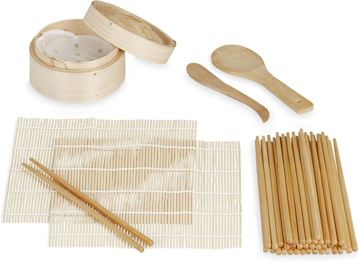 Relaxdays Sushi Set, Bambus, 2 Sushimatten, Dampfgarer, 20 Paar Essstäbchen, Reislöffel, Reisspatel,
