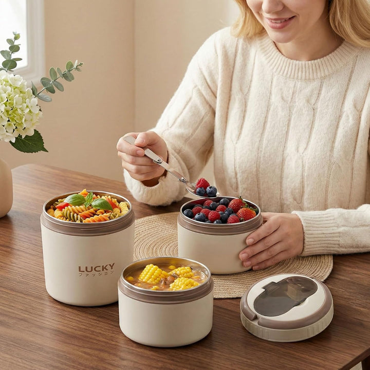 304 Edelstahl Lunchbox, 3-lagiger Food Container mit faltbarem Besteck, Auslaufsicher, Mikrowellen-