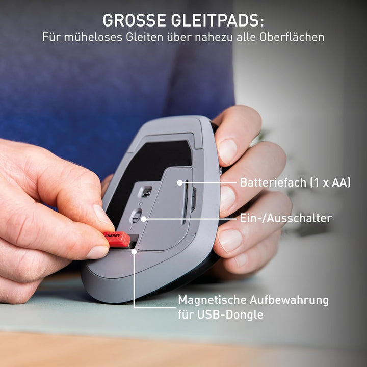 CHERRY STREAM MOUSE COMFORT, Kabellose Ergonomische Maus mit Gummierter Daumenauflage, Speziell für