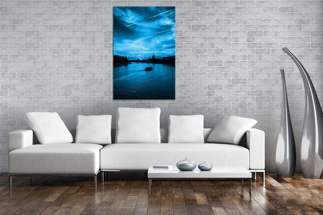 deyoli Stadt an einem Fluss in Polen Format 80x60 Effekt: Monocrome Blau als Leinwandbild, Motiv fer