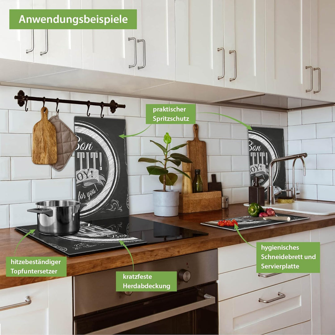banjado® Herdabdeckplatte Glas 2-teilig je 30x52 cm/Schneidebrett Herdabdeckung mit Motiv Bon Appeti
