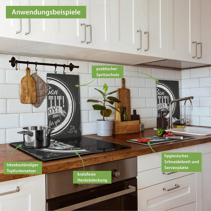 banjado® Herdabdeckplatte Glas 2-teilig je 30x52 cm/Schneidebrett Herdabdeckung mit Motiv Bon Appeti