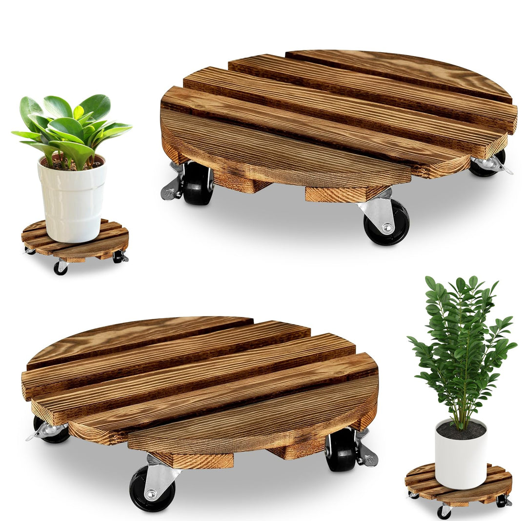 2 Stück Pflanzenroller Rund Holz Rollbrett Pflanzen 360° Drehbar Blumentopf Untersetzer mit Rollen B