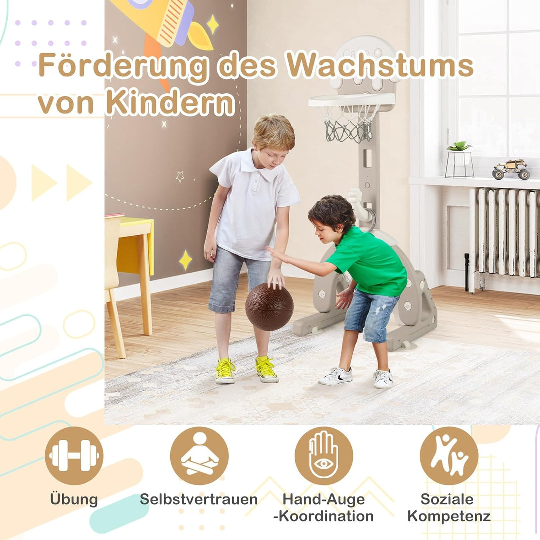COSTWAY 4-in-1 Kinder Basketballkorb Set, höhenverstellbarer Basketballständer mit Fussballtor & Bas