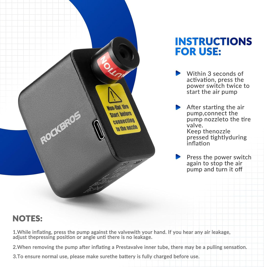 ROCKBROS Elektrische Fahrradpumpe, 100PSI Tragbare Minipumpen Wiederaufladbarer 300mAh Kleine Kompre