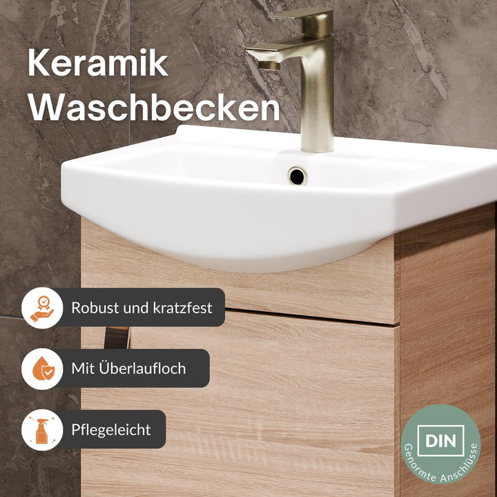 Planetmöbel Badmöbel Set aus Waschtisch + Waschbecken + Spiegelschrank, Gäste Bad WC, Farbe Sonoma E