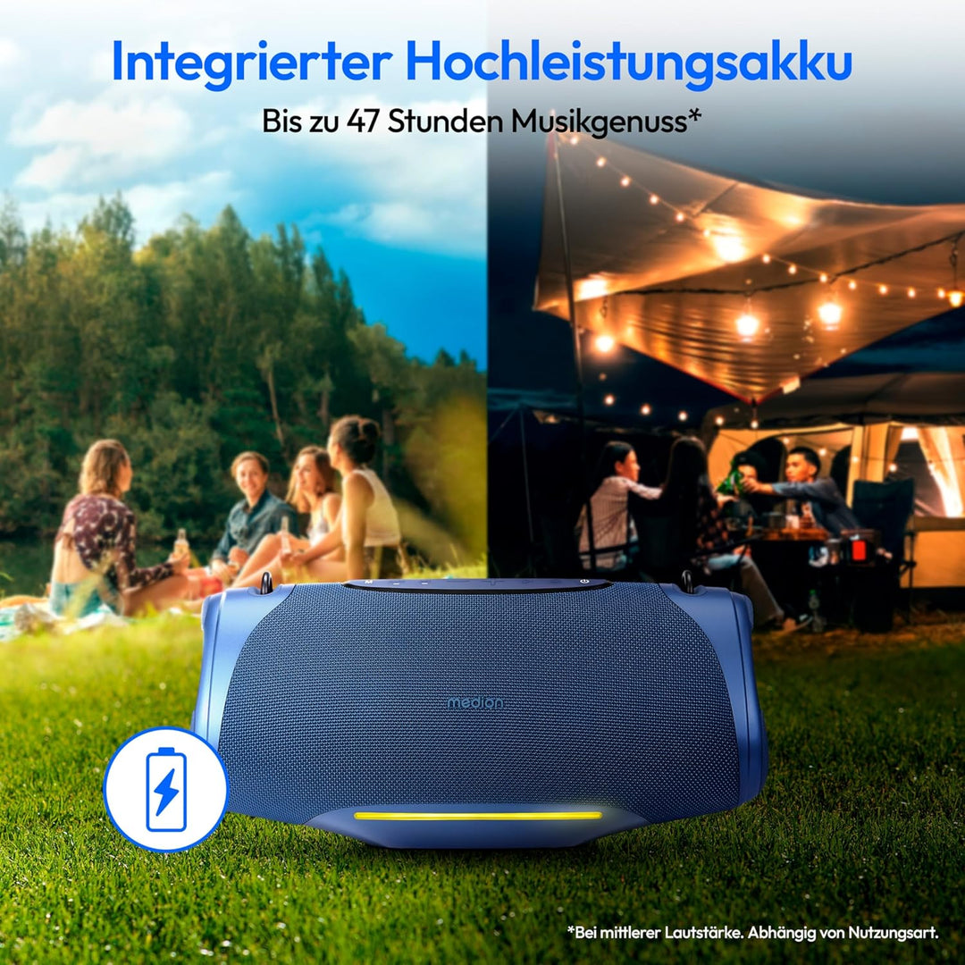 MEDION P61762 tragbarer Bluetooth Lautsprecher (Akku, Bass Boost, Musikbox, RGB Lichteffekte, IPX7 W