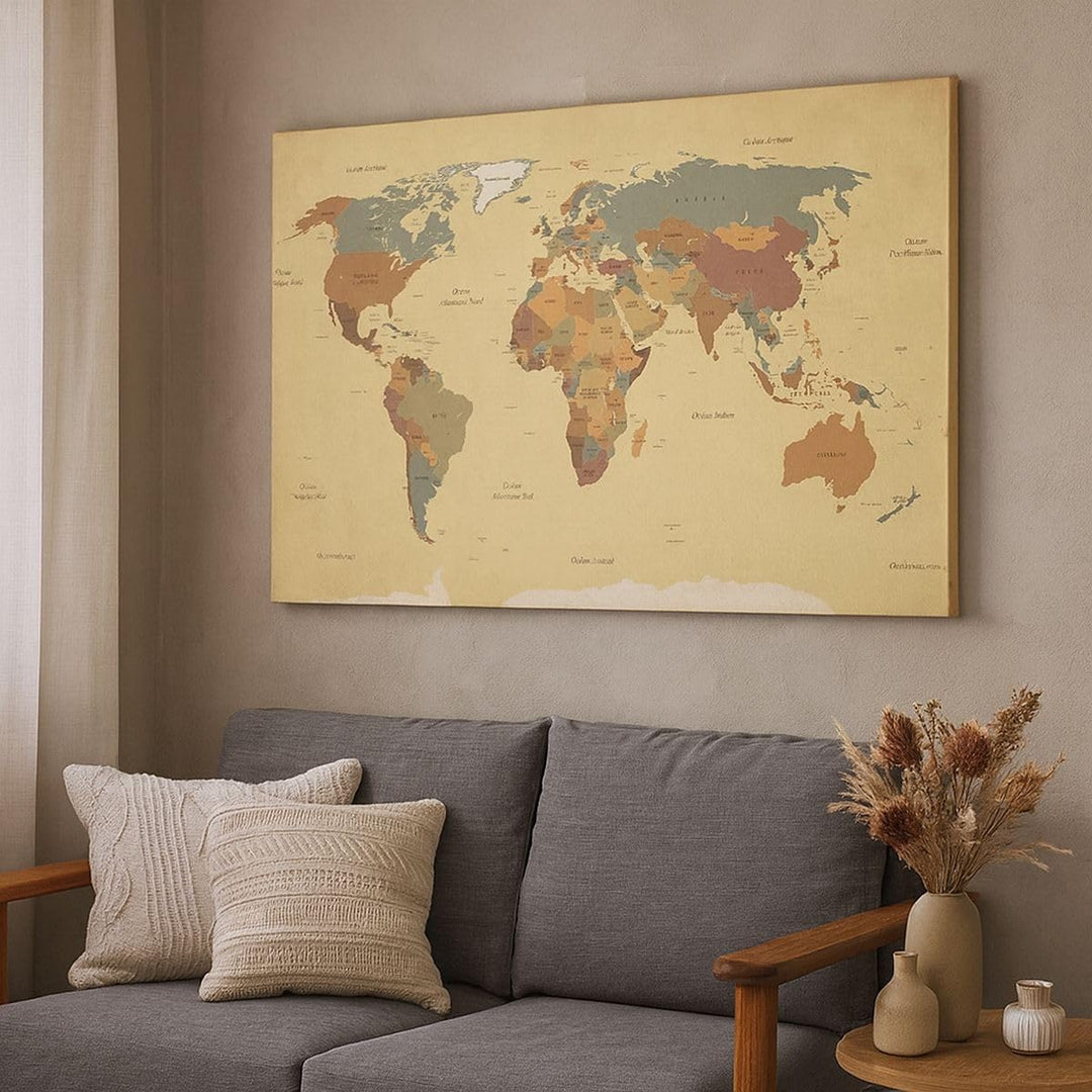Bilder auf Leinwand Karte Welt Land Leinwandbild mit Rahmen 70x50cm Wandbilder Dekoration Wohnzimmer