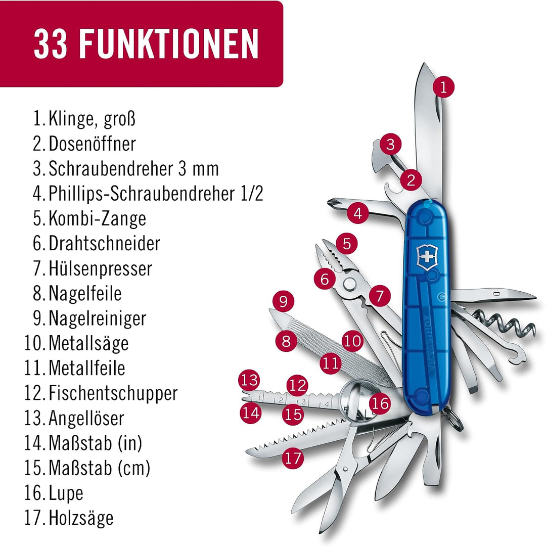 Victorinox Taschenmesser Swiss Champ (33 Funktionen: Metallfeile, Mini-Schraubendreher) rot Blau Tra