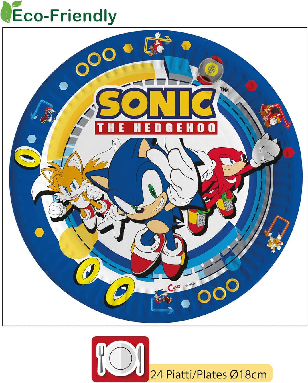 Ciao - Partygeschirr Party-Set Sonic the Hedgehog für 24 Personen (112 pcs: 24 Pappteller Ø23cm, 24