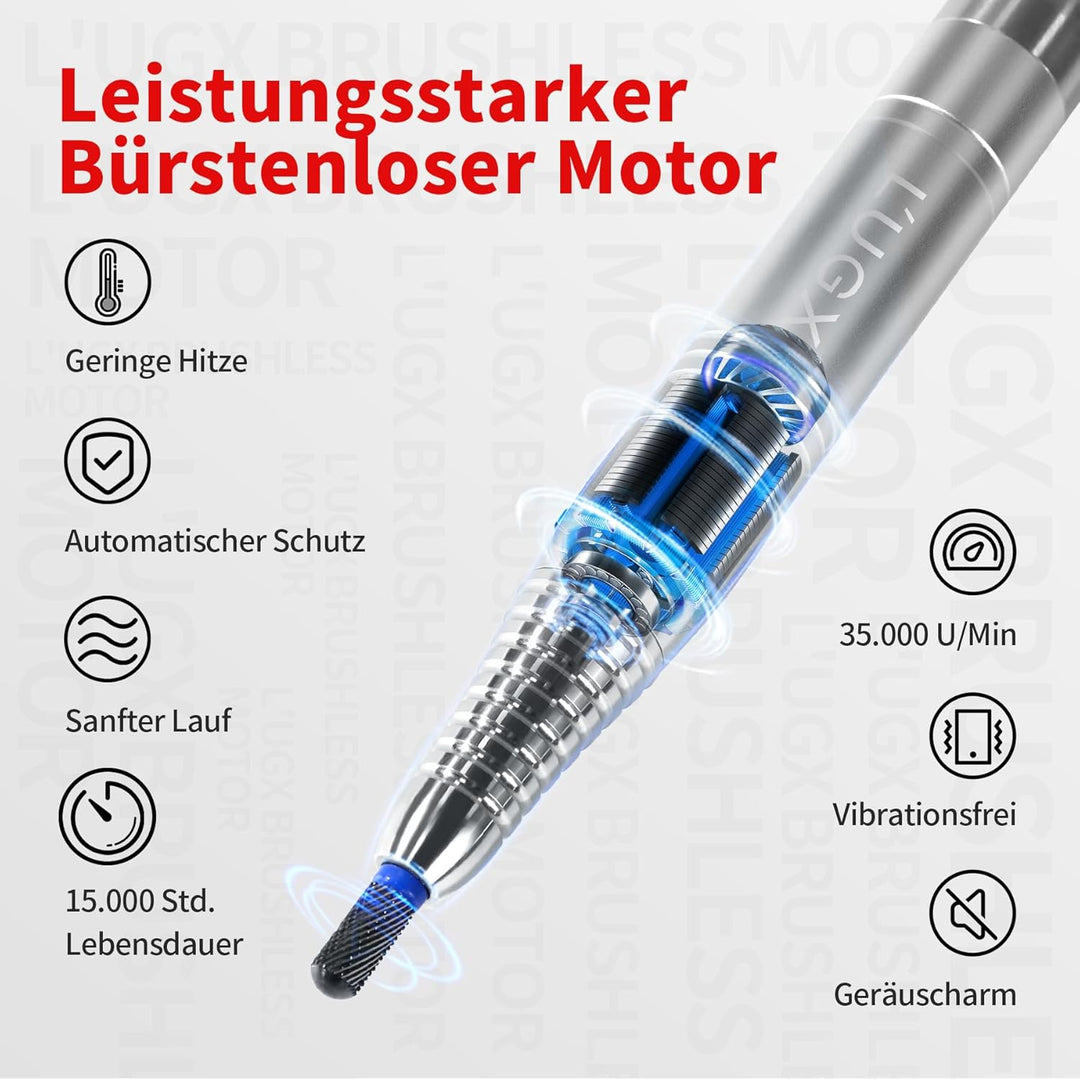 L'UGX Professioneller Nagelfräser Kabellos–Bürstenloser Motor Elektrische Nagelfeile für Gelnägel &