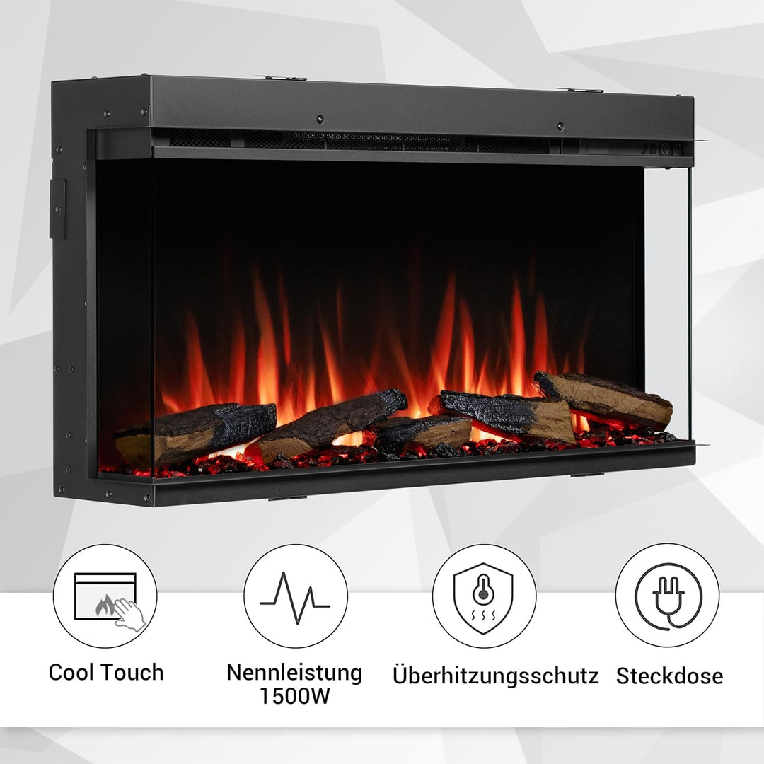 CrownFlame Athena 36" Elektrokamin - Elektrischer Einbaukamin mit Heizung - realistischer 3D-Flammen
