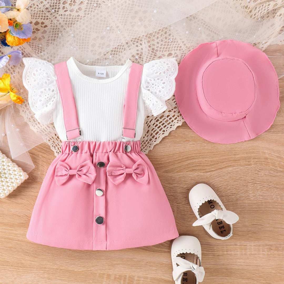 Kleinkind Baby Mädchen Rüschen Hosenschlitz Kurzarm Geripptes Oberteil + Schleife Strapsrock Overall