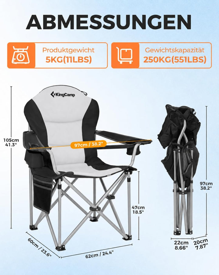 KingCamp Campingstuhl mit Verstellbarer Rückenlehne und Kühltasche bis 160 kg belastbar 2 Pack Schwa