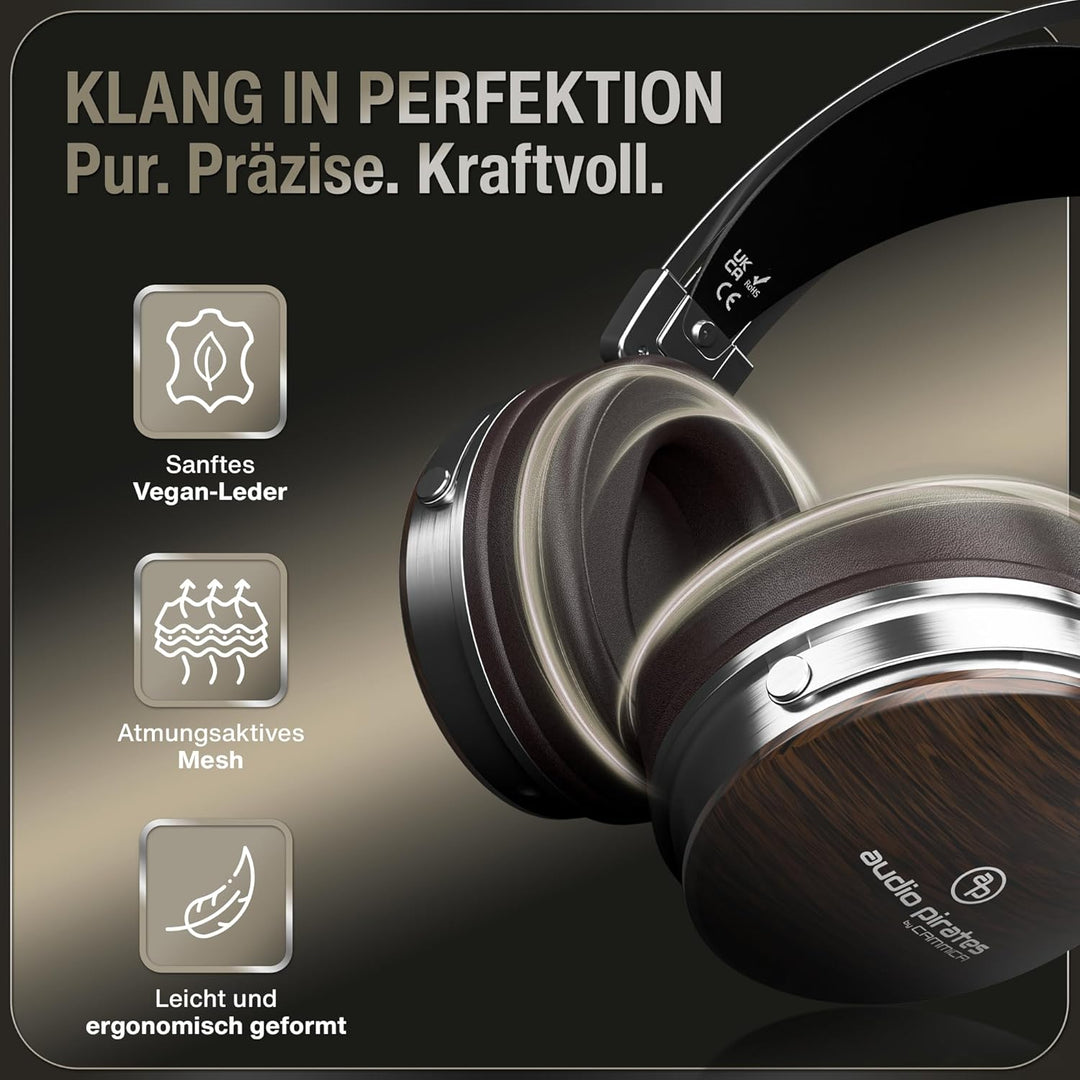 audio pirates Over-Ear Kopfhörer, Echtholz Kopfhörer, Top HiFi Sound, Kopfhörer mit Case, 3 m Kabel