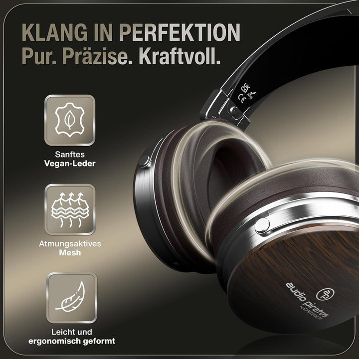 audio pirates Over-Ear Kopfhörer, Echtholz Kopfhörer, Top HiFi Sound, Kopfhörer mit Case, 3 m Kabel