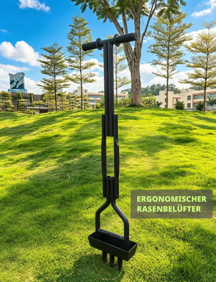 Manueller Rasenbelüfter mit 3 Hohlspoon-Zinken &amp; Auffangrahmen schwarz, 99cm Länge &amp; 21.5cm Breite,