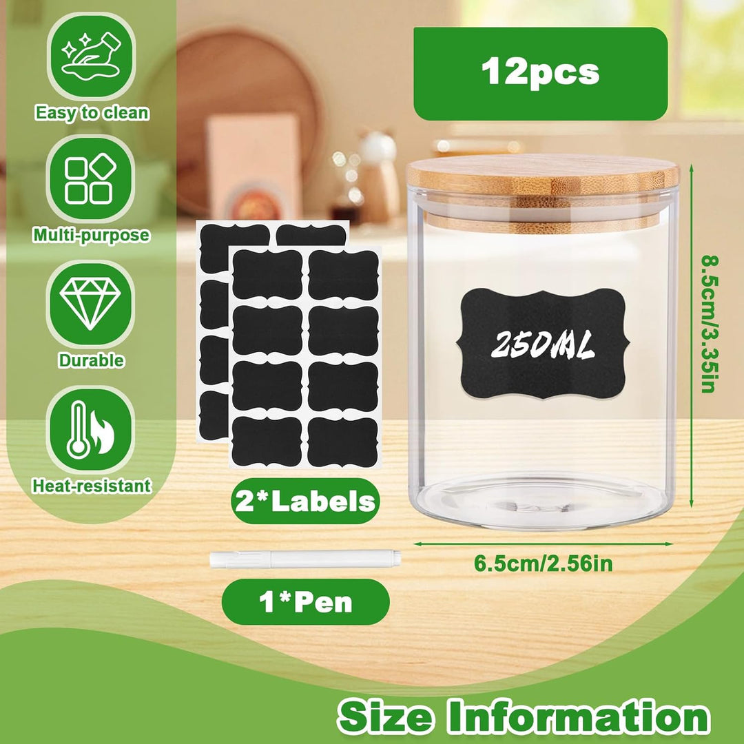 12Pcs Gewürzgläser Rund mit Bambus Deckel &amp; Etikette, 250ml Glas Vorratsgläser Aufbewahrungsgläser,