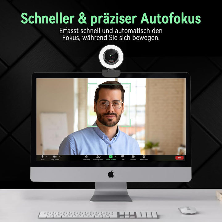 Angetube Webcam für PC, 1080P/30fps USB-Kamera mit Ringlicht, Privatschatten, Autofokus, Computer Ca