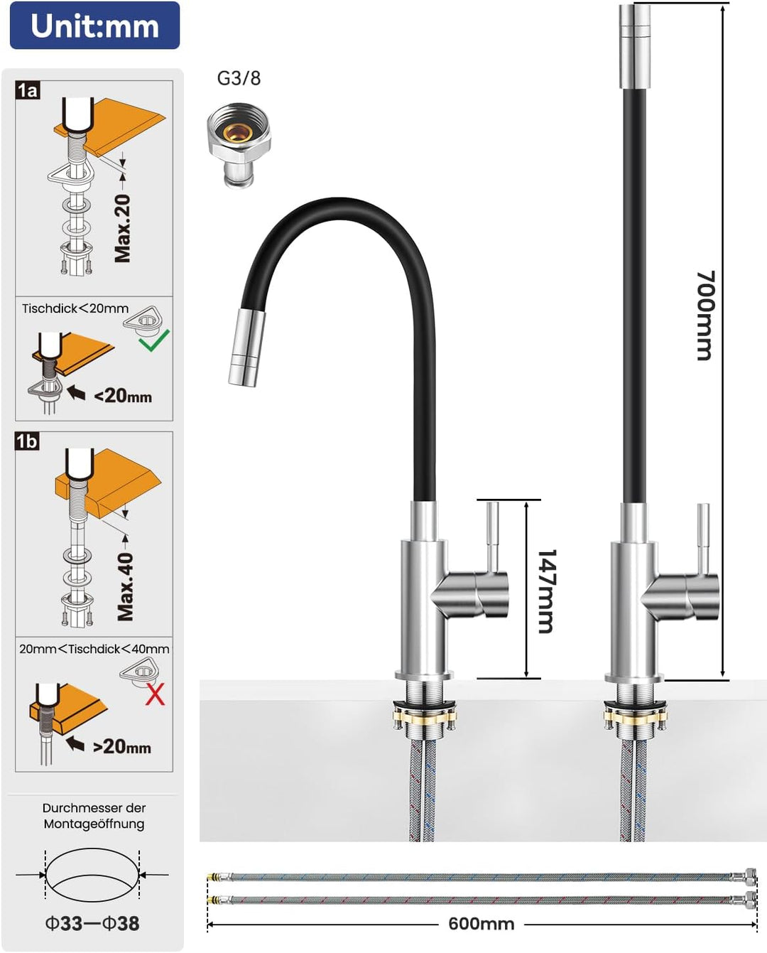Sofetiy Flexible Küchenarmatur Schwarz, Wasserhahn Küche mit 2 Wasserstrahlen, Mischbatterie Küche S