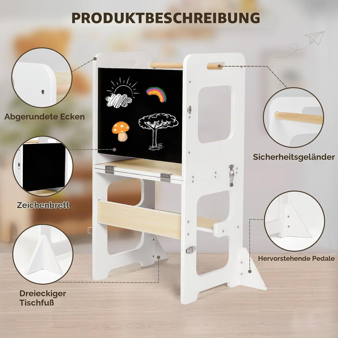 Labebe Lernturm ab 1 Jahr, Montessori Learning Tower mit Tafel, 3 in 1 Multifunktion Lernturm Klappb