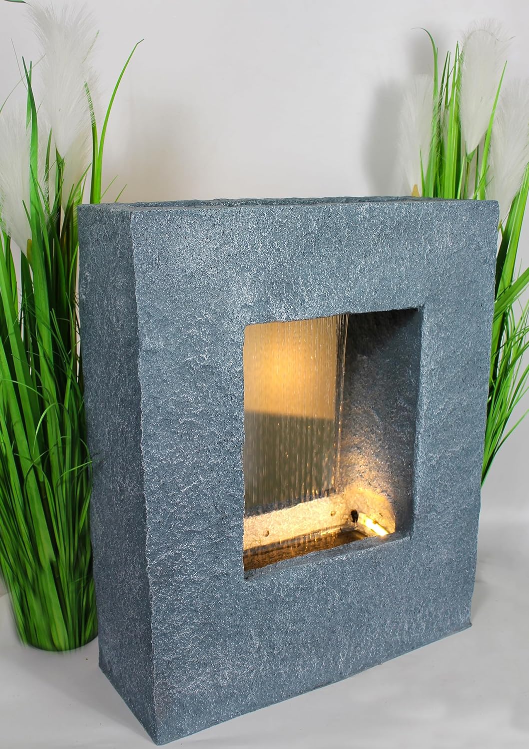 Gartenbrunnen mit LED Beleuchtung 65x53 cm Zimmerbrunnen Brunnen Steinoptik Regen Wasserfall eckig w