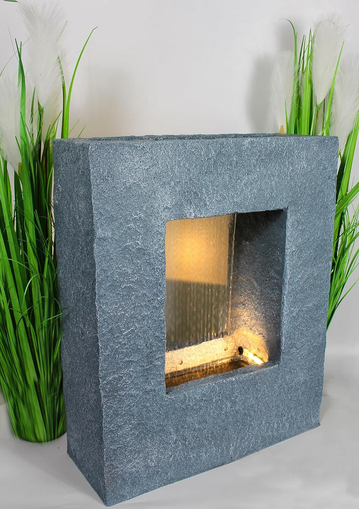 Gartenbrunnen mit LED Beleuchtung 65x53 cm Zimmerbrunnen Brunnen Steinoptik Regen Wasserfall eckig w