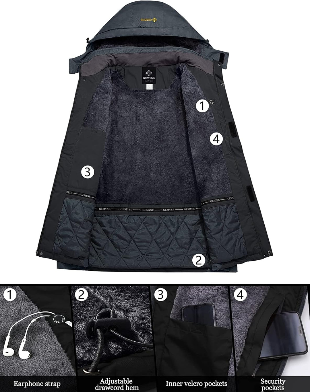 GEMYSE Herren Wasserdichte Skijacke Winddichte Fleece Outdoor Winterjacke mit Kapuze S Schwarzgrau,
