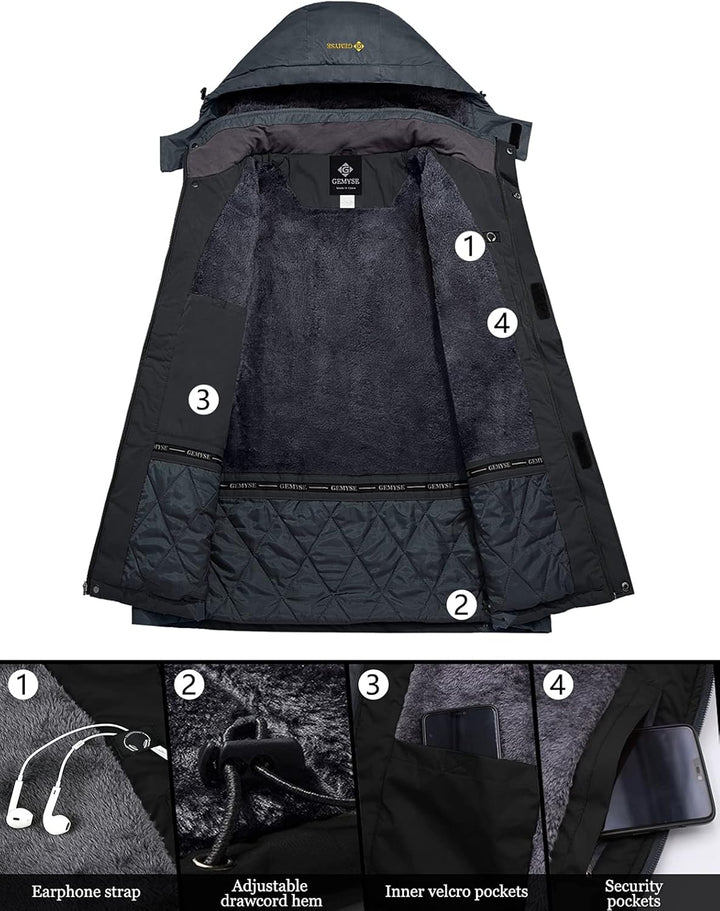 GEMYSE Herren Wasserdichte Skijacke Winddichte Fleece Outdoor Winterjacke mit Kapuze S Schwarzgrau,