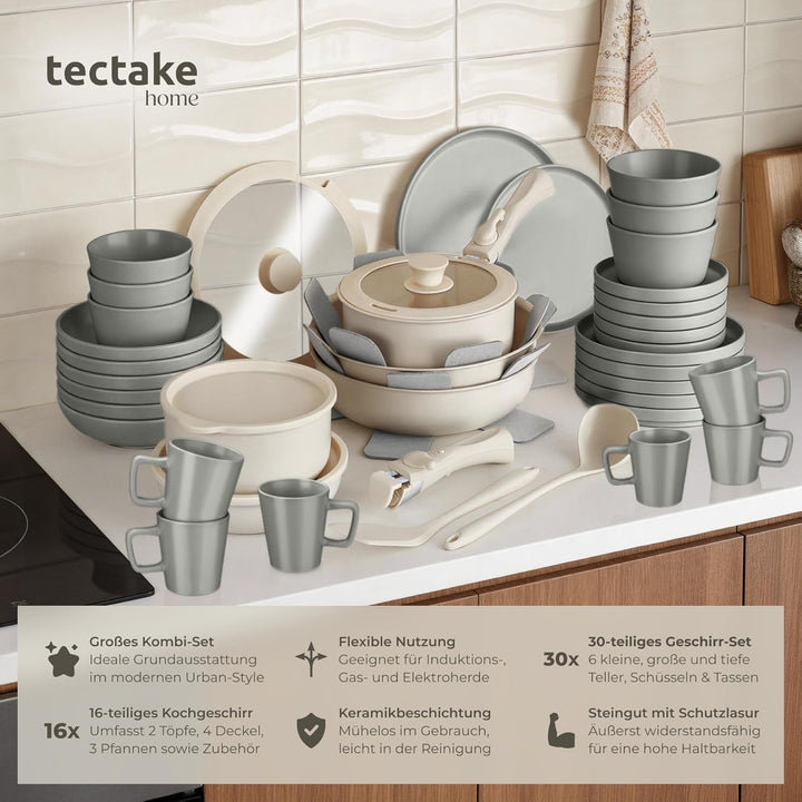 tectake® Küchenstarterset 6 Personen, Steingut Geschirr Set, Teller, 3 Pfannen, 2 Töpfe, rostfreies