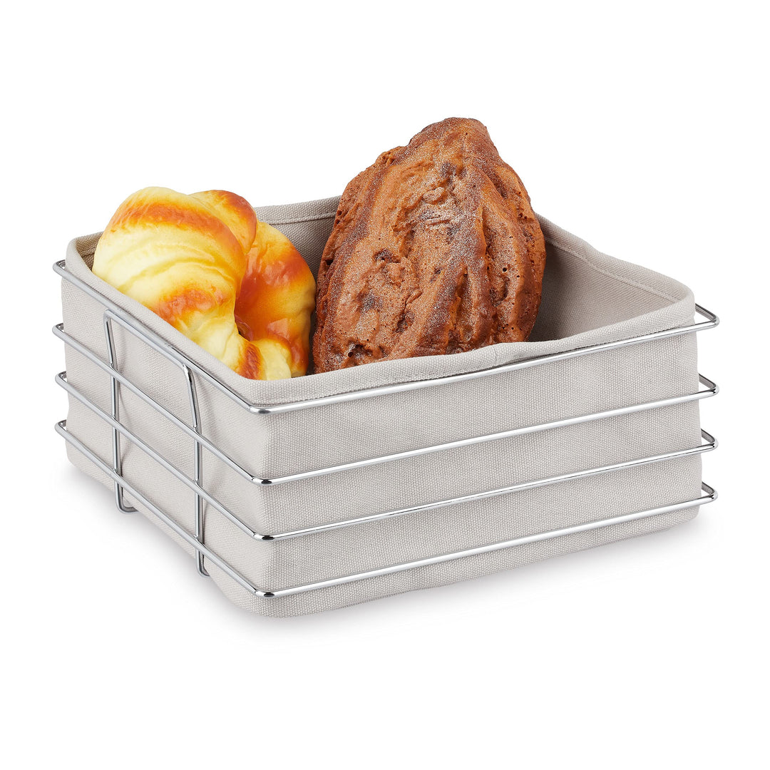 Relaxdays Brotkorb Metall, mit Stoffeinsatz, moderner Brötchenkorb, Frühstückskorb Edelstahl, HBT: 1