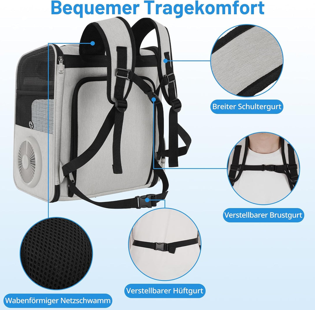 Katzenrucksack mit Kühlventilator und Heizkissen für alle Jahreszeiten, erweiterbare Haustiertrageta
