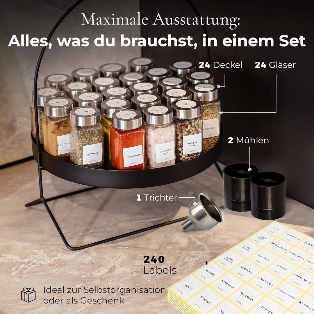 KITCHI Gewürzgläser 24er Set mit 2 Mühlen – Edelstahl Deckel – Eckige Form – 120 ml - luftdicht Silb