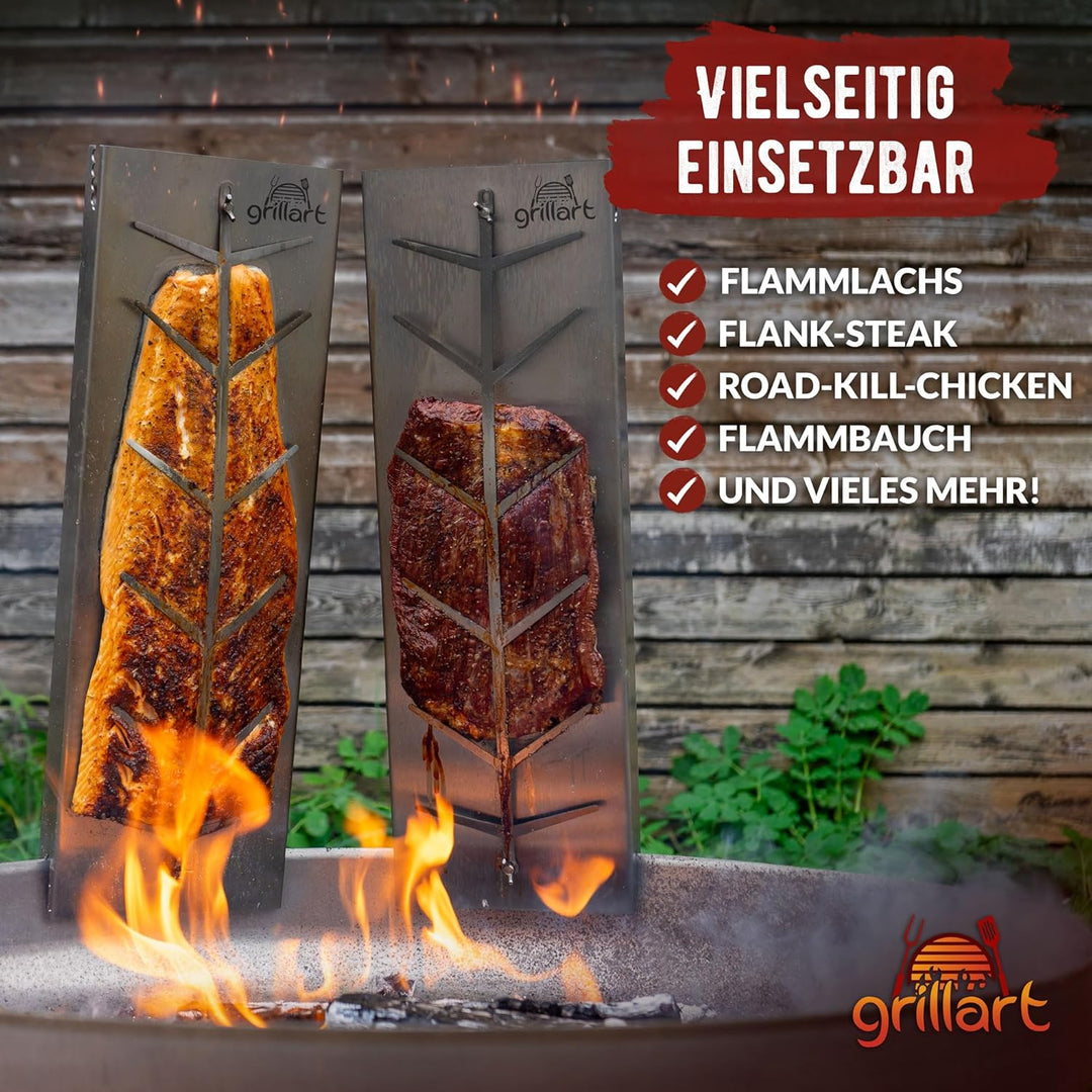 grillart® XXL Premium Flammlachsbrett aus Edelstahl – 180° drehbar &amp; 5-fach verstellbar – Lachsbrett