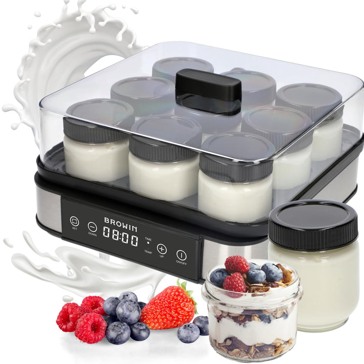 BROWIN® Joghurt-Maker mit Thermostat, Joghurtbereiter mit 1,6 l Fassungsvermögen, 9 Gläser, Weiss |