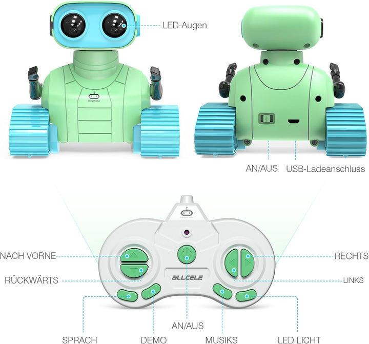 ALLCELE Roboter Kinder Spielzeug,wiederaufladbarer Ferngesteuerter Roboter mit LED-Augenmusik und lu