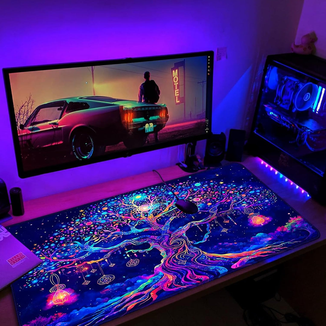 Simpkeely Bunter Baum des Lebens Mauspad, Schwarzlicht Gaming Extended Desk Pad, UV-reaktive wasserd