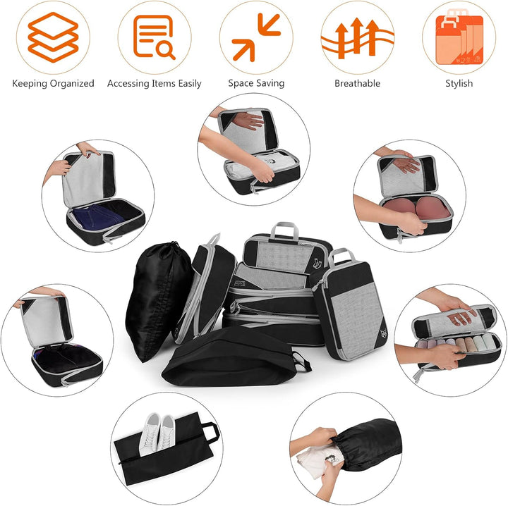 Koffer Organizer Set 7-teilig, Packtaschen mit Kompression, Compression Packing Cubes für Rucksack u