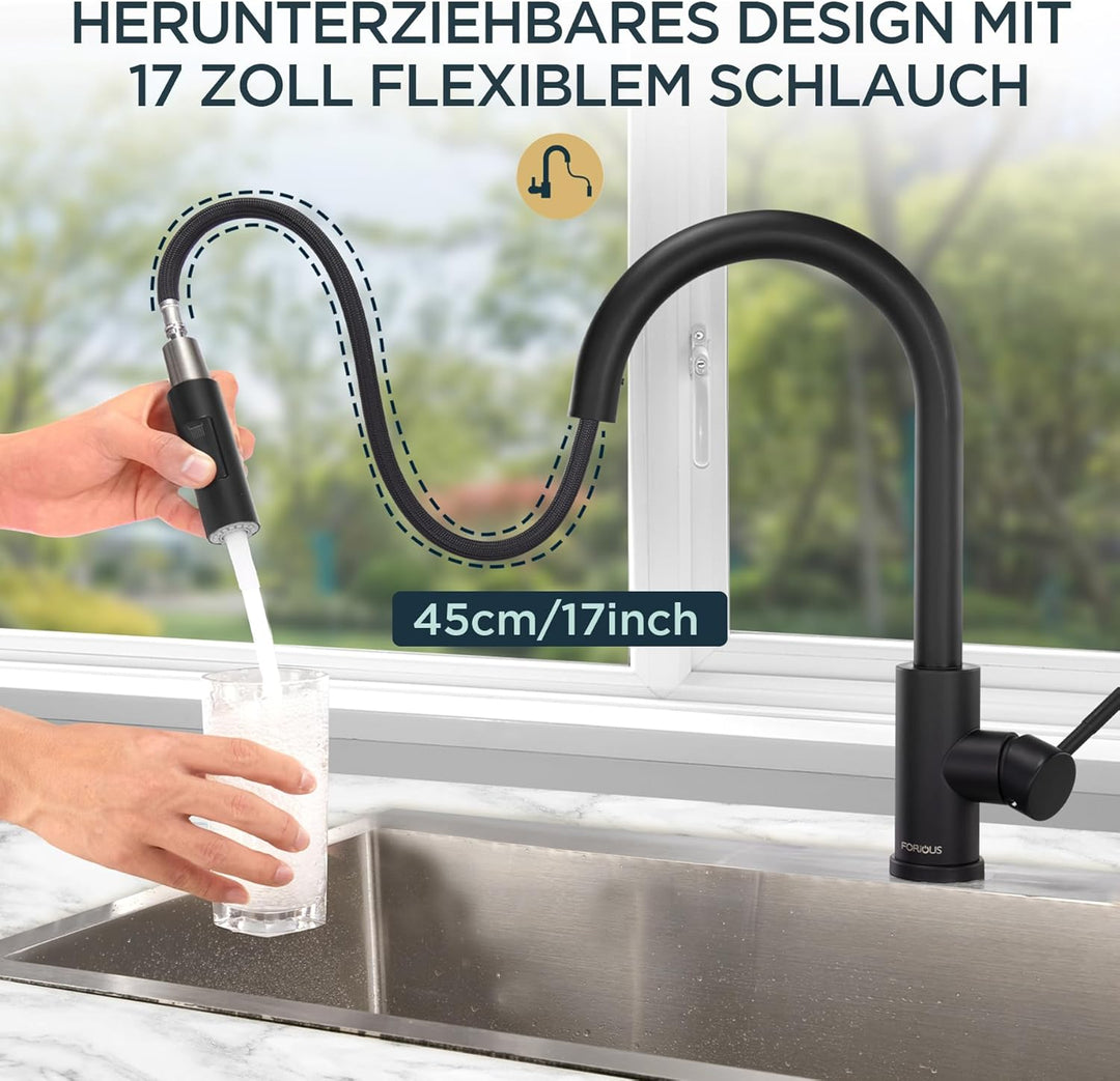 FORIOUS Wasserhahn Küche Schwarz, Hoher Bogen Küchenarmatur mit Herausziehbarer Brause Ausziehbar Ar