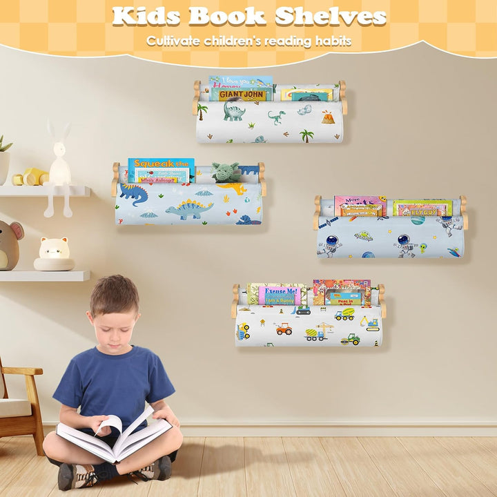 Wandregal Kinderzimmer, 4er Set Bücherregal Kinder Wand, 40cm Bücherregal Kinder mit Dinosaurier-Des