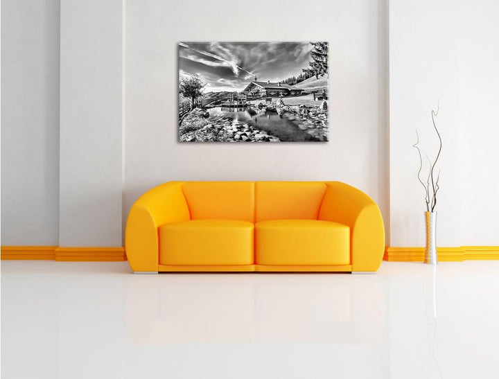 Pixxprint Monocrome, Schönes Haus in den Alpen, Format: 100x70 auf Leinwand, 100x70