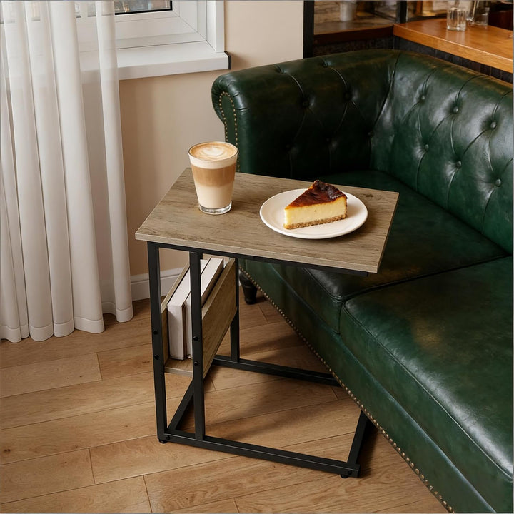 Taikonaut Stabiler Beistelltisch, Couchtisch, schmaler Laptoptisch in C-Form, grau, Holz-Effekt, Sof