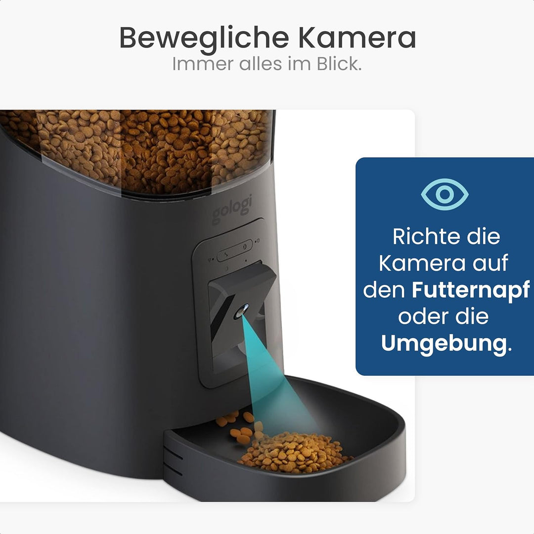 Gologi Futter-Automat Katze mit Kamera Full HD, Mikro und Lautsprecher, Katzenfutter-Automat Trocken