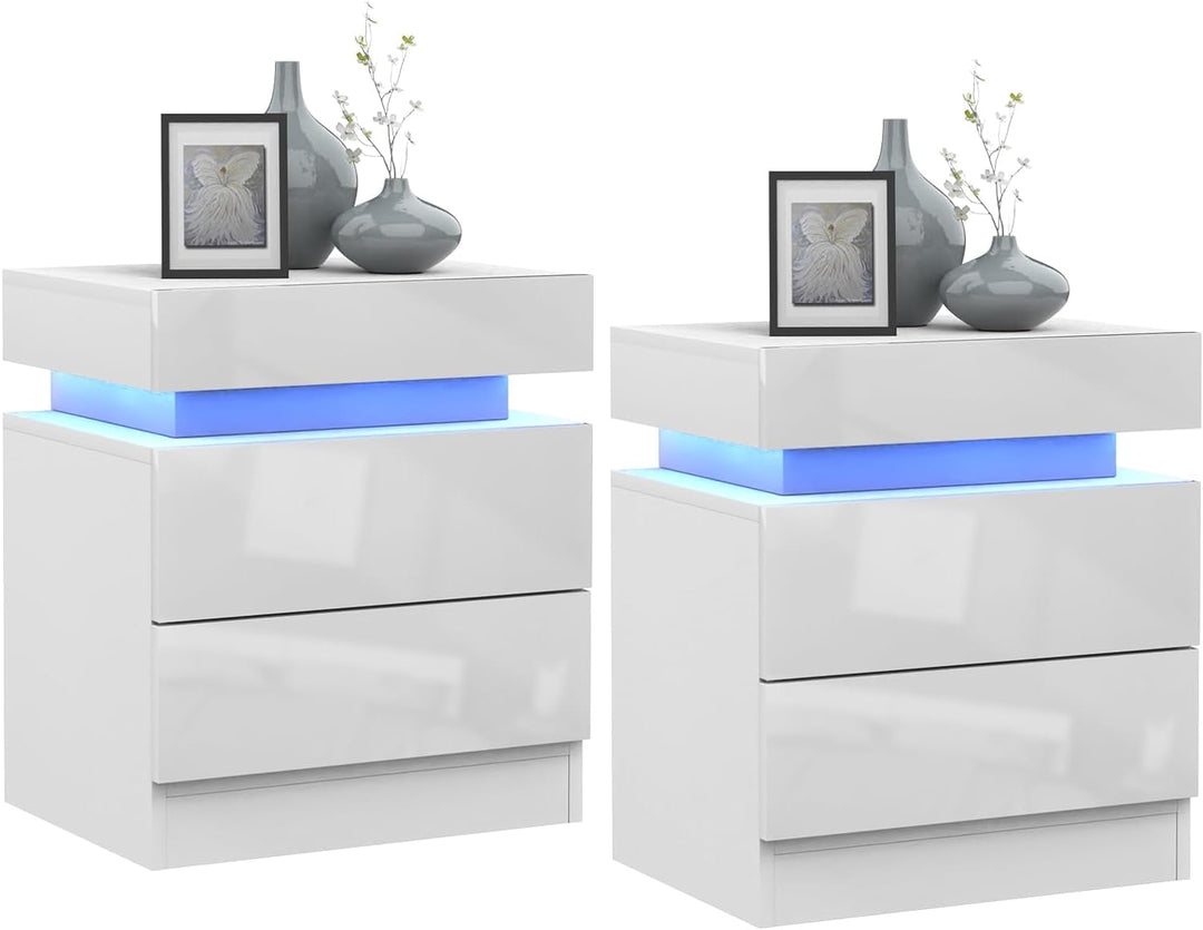 PIPIPOXER 2er Set Nachttisch LED mit 2 Schubladen, Nachttisch Weiss mit LED Licht, 16 Farben 2 Schub